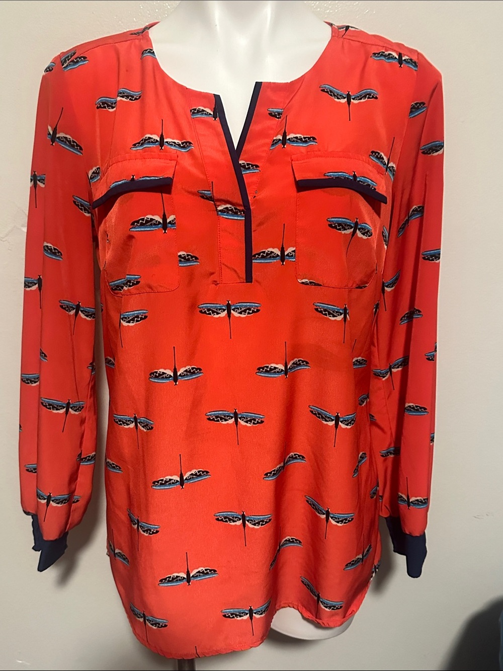 Style & Co. Coral Blouse with Navy Feather Print